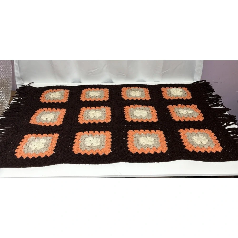 Vtg‎ Handmade Crochet Granny Square Afghan Blanket Throw Orange Brown 46X27
